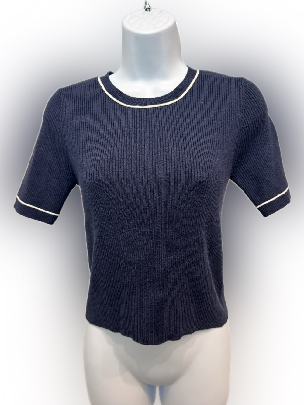ATM, Navy Short-Sleeve Knit Sweater with White Trim